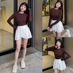 Bộ đồ tập thể thao nữ Pickleball Tennis áo thun tay dài chân váy xếp ly ngắn màu trắng MIRILIK