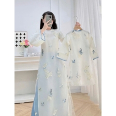 Áo dài dáng suông cách tân nữ Tết 2026 Áo dài voan trắng xanh kèm quần lụa cao cấp du xuân MIRILIK