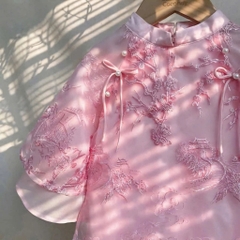 Áo Dài Bé Gái Cao Cấp Màu Hồng Pastel Áo Dài Thêu Hoa Tinh Xảo Dáng Công Chúa Lên Ảnh Xuất Sắc Mirilik