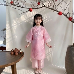 Áo Dài Bé Gái Cao Cấp Màu Hồng Pastel Áo Dài Thêu Hoa Tinh Xảo Dáng Công Chúa Lên Ảnh Xuất Sắc Mirilik