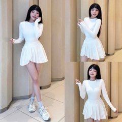 Bộ đồ tập thể thao nữ Pickleball Tennis áo thun tay dài chân váy xếp ly ngắn màu trắng MIRILIK