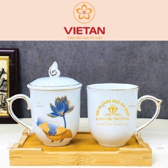 Ly Sứ Bát Tràng Cao Cấp Có Nắp Vẽ Vàng Hoa Sen Xanh LCS02