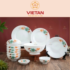 Bộ Bát Đĩa Bát Tràng In Logo Hoa Xanh Cam Trang Nhã BBD02