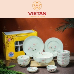 Bộ Bát Đĩa Bát Tràng Cao Cấp 11 món hoa đào hồng BBD05