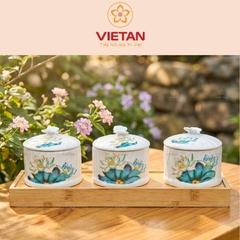 Bộ 3 hũ mứt sứ in logo quà tặng họa tiết sen xanh decal