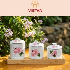 Bộ 3 khay mứt Tết quà tặng in logo men trắng decal đào hồng