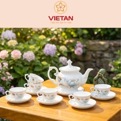 Bộ ấm chén Bát Tràng in logo vẽ sen xanh vàng kim dáng đài cát