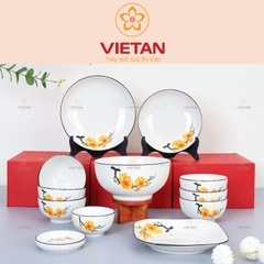 Bộ bát đĩa sứ Trung Kiên kẻ sọc hoa mai vàng BBD01