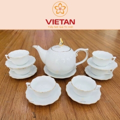Bộ Ấm Trà Sứ Trắng Vẽ Vàng Kim Cao Cấp Dáng Mẫu Đơn BAC03