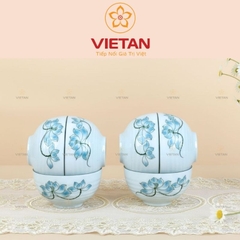 Bộ 6 Bát Ăn Cơm Bát Tràng Men Trắng Hoa Sen Xanh BBD07