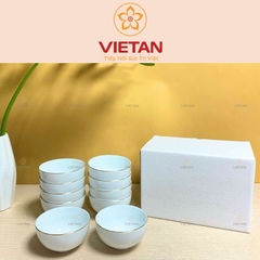 Bộ 10 Bát Ăn cơm Bát Tràng Men Trắng Kẻ Chỉ Vàng In Logo BBD08