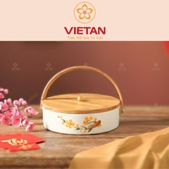 Khay Mứt Gốm Sứ 4 Ngăn Nắp Gỗ Họa Tiết Hoa Lá KM07