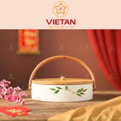 Khay Mứt Gốm Sứ 4 Ngăn Nắp Gỗ Họa Tiết Hoa Lá KM07