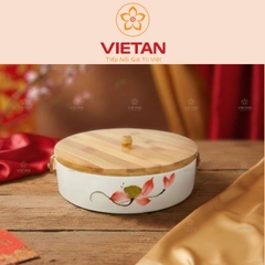 Khay Mứt Gốm Sứ 4 Ngăn Nắp Gỗ Họa Tiết Hoa Lá KM07