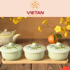 Khay Mứt Sứ 3 Hũ Họa Tiết Hoa Đào KM06