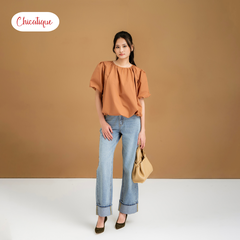 Quần jean Chicatique Evie ống suông basic gập lai Denim dệt Canvas có thun nhẹ