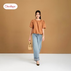 Quần jean Chicatique Evie ống suông basic gập lai Denim dệt Canvas có thun nhẹ