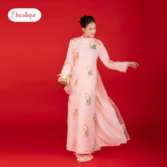 Áo dài Trà Hoa kèm quần lụa Chicatique chất Tơ thêu hoa dáng truyền thống duyên dáng