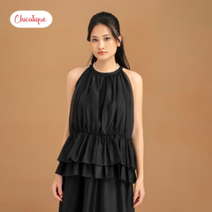 Set áo kiểu cổ yếm kèm váy Chicatique Becka chất tơ Hàn hai lớp bồng bềnh