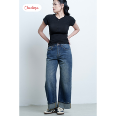 Quần jean Chicatique Evie ống suông basic gập lai Denim dệt Canvas có thun nhẹ