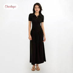 Đầm thun cổ Polo Chicatique Alise cotton Hàn co giãn ôm body tôn dáng