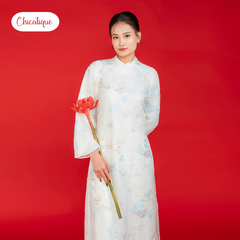Áo dài Trà Hoa kèm quần lụa Chicatique chất Tơ thêu hoa dáng truyền thống duyên dáng