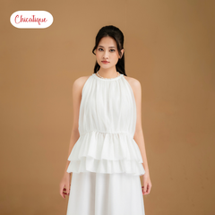 Set áo kiểu cổ yếm kèm váy Chicatique Becka chất tơ Hàn hai lớp bồng bềnh