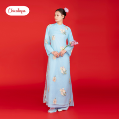 Áo dài Trà Hoa kèm quần lụa Chicatique chất Tơ thêu hoa dáng truyền thống duyên dáng