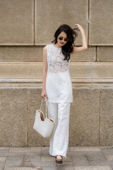 Set áo kèm quần CHICATIQUE Rinny ren Hàn trắng