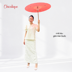 Set gấm thiết kế Chicatique Minh Viên cổ truyền áo ngắn tay đơn giản phối chân váy dài chất liệu gấm Hàn Quốc