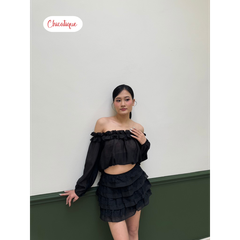 Set áo kiểu trễ vai kèm chân váy Chicatique Vivi tơ giấy mềm mát phối ren tiểu thư sang chảnh