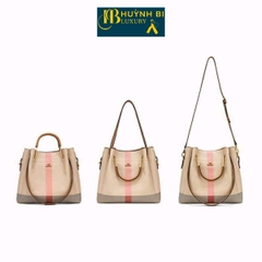 Túi Xách Đi Tiệc Sang Trọng Da Bò Thật, 5 Ngăn HUỲNHBI-S16 Vân Sọc Thời Thượng KT 28X24X10 Bag Nữ Kem