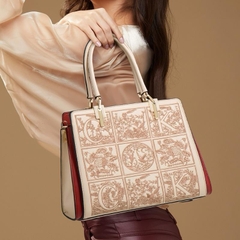 Z6_Túi Xách Nữ Họa Tiết Thêu Hoa Trên Da Bò Cao Cấp, Kích Thước 29cm, 5 Ngăn Bag Kem túi  xách