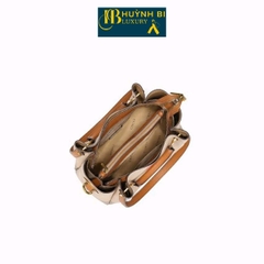 Túi Xách Đi Tiệc Sang Trọng Da Bò Thật, 5 Ngăn HUỲNHBI-S16 Vân Sọc Thời Thượng KT 28X24X10 Bag Nữ Kem