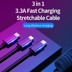 Dây cáp sạc Rockspace  2m dây dù 3 cổng Lightning / Micro USB/ chuẩn C sạc 3 thiết bị cùng lúc,sạc nhanh,hàng chính hãng