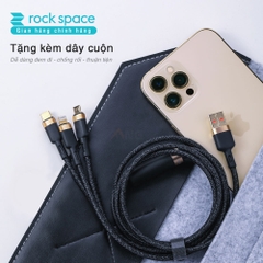 Dây cáp sạc nhanh chính hãng ba đầu Rockspace G18 Lightning, Micro, TypeC dây dù, sạc 3 thiết bị cùng lúc, BH 12 tháng