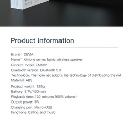 Loa Bluetooth Mini Không Dây DEVIA Kinton fabric có micro nghe nhạc gọi điện 120 phút BH 1 năm