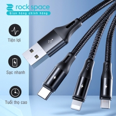 Dây Cáp Sạc Chính Hãng ba đầu Rockspace G15 Lightning, Micro, TypeC  dây dù, sạc 3 thiết bị cùng lúc BH 1 năm