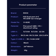 Tẩu sạc xe hơi Rockspace H13 cổng kép A + C PD 20W , nhỏ gọn sạc không nóng máy hàng chính hãng có bảo hành 12 tháng