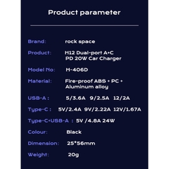 Tẩu sạc xe hơi 2 cổng sạc nhanh PD 20W Rockspace H12 Dual-port A+C  Car Charger bảo hành 12 tháng