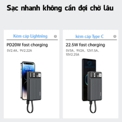 Pin dự phòng tích hợp cáp sạc 2 in 1 Rockspace P92 10000mAh sạc nhanh PD20W BH 12 tháng
