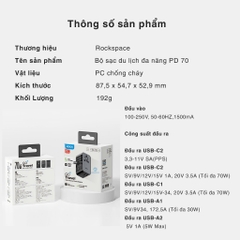 Củ sạc đa năng sạc nhanh PD 70W ROCK PD70W tích hợp cáp sạc nhanh typeC bảo hành 12 tháng