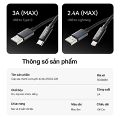 Dây cáp sạc lightning cho iphone Rockspace Z28 sạc nhanh dây dù siêu bền BH 12 tháng