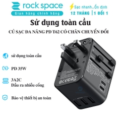 Củ sạc nhanh đa năng sạc toàn cầu 33w Rockspace T62 có chân chuyển đổi hàng chính hãng BH 12 tháng