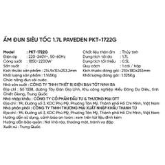Bình đun siêu tốc Paveden 1.7 lít PKT-1722G