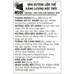 Đèn năng lượng mặt trời đa năng Modi MD-SOLAR-D6001 WW