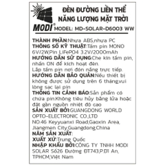 Đèn năng lượng mặt trời đa năng Modi MD-SOLAR-D6003 WW