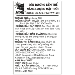 Đèn trụ cổng năng lượng mặt trời Modi MD-SPL-F150 WW+WH