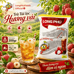 Trà VẢI Túi lọc Long Phú gói 200gr (10gói*20gr) - Thơm hương Vải, đậm vị trà thiên nhiên