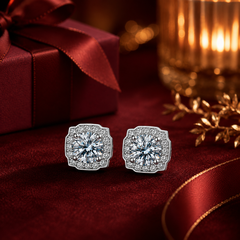 Bông tai bạc 925 đính moissanite 1 carat – dáng vuông viền đá cổ điển